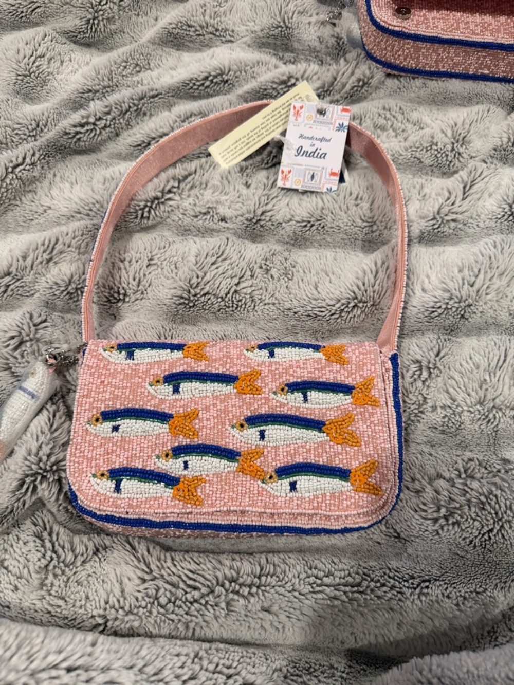 Beaded Fish Sardine purse  Bag in Pink with Blue & Orange Viral purse